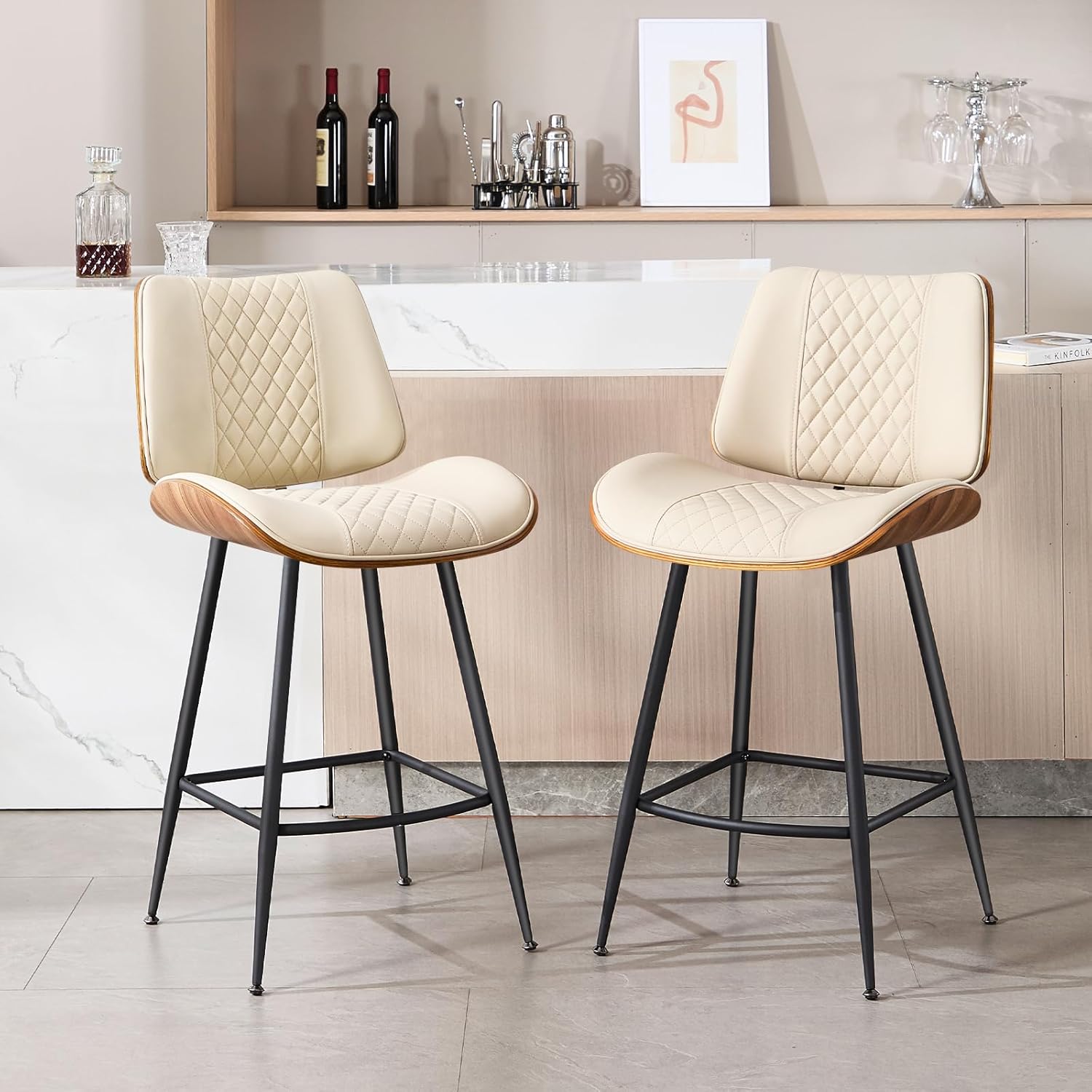 Counter Height Barstools Set of 2, 26.9" Armless Stools with Metal Legs, Walnut Pub Chair in Modern Style, PU Leather Bentwood Bar Chair for Home Counter, Kitchen Dining Island, Cafe(Beige)