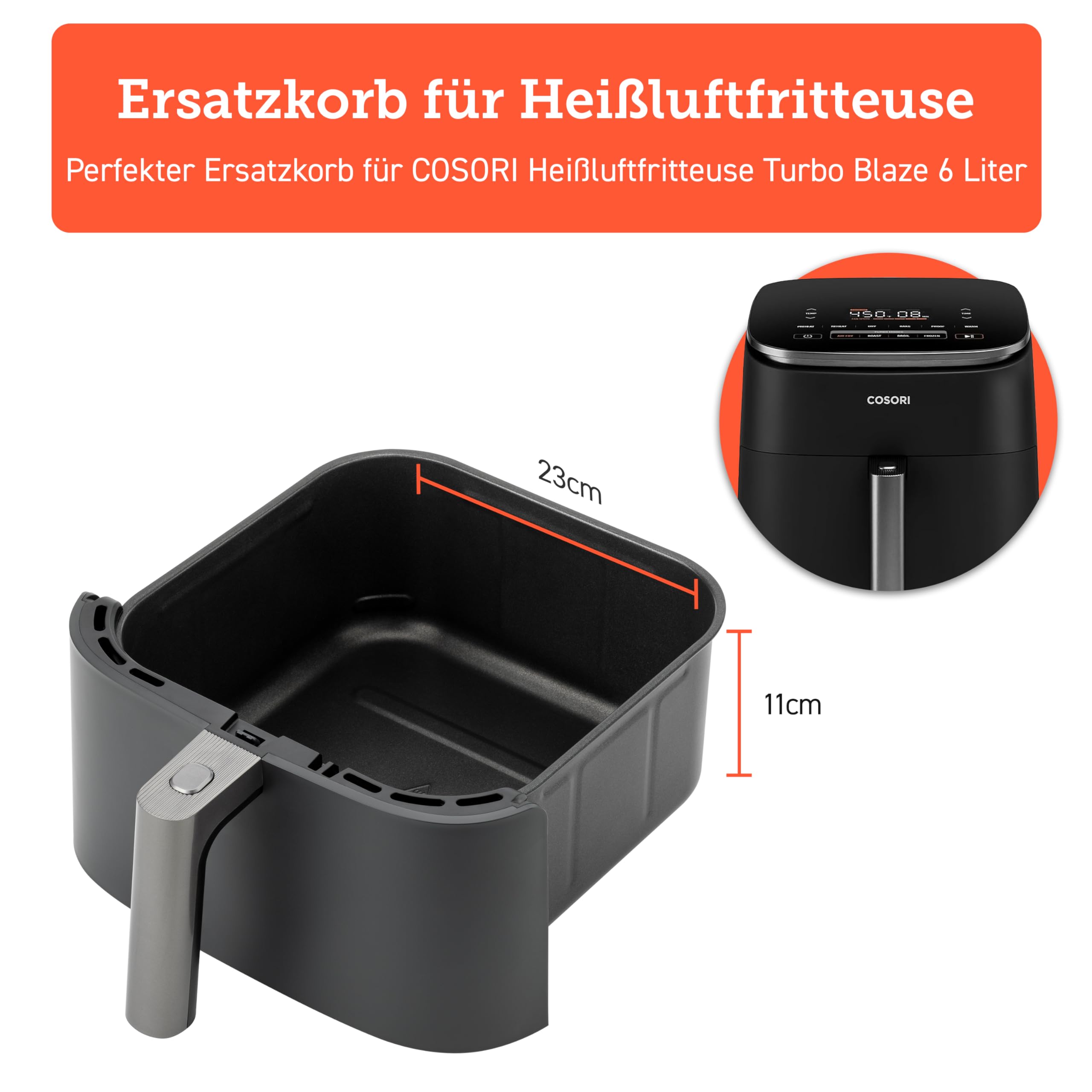 COSORI Air Fryer Turbo Blaze 6L Originalkorb, Keramikbeschichtung ohne PFAS, Ersatz-Zubehör für die Heißluftfritteuse ‎CAF-DC601-KEU, antihaftbeschichtet, spülmaschinenfest, grau