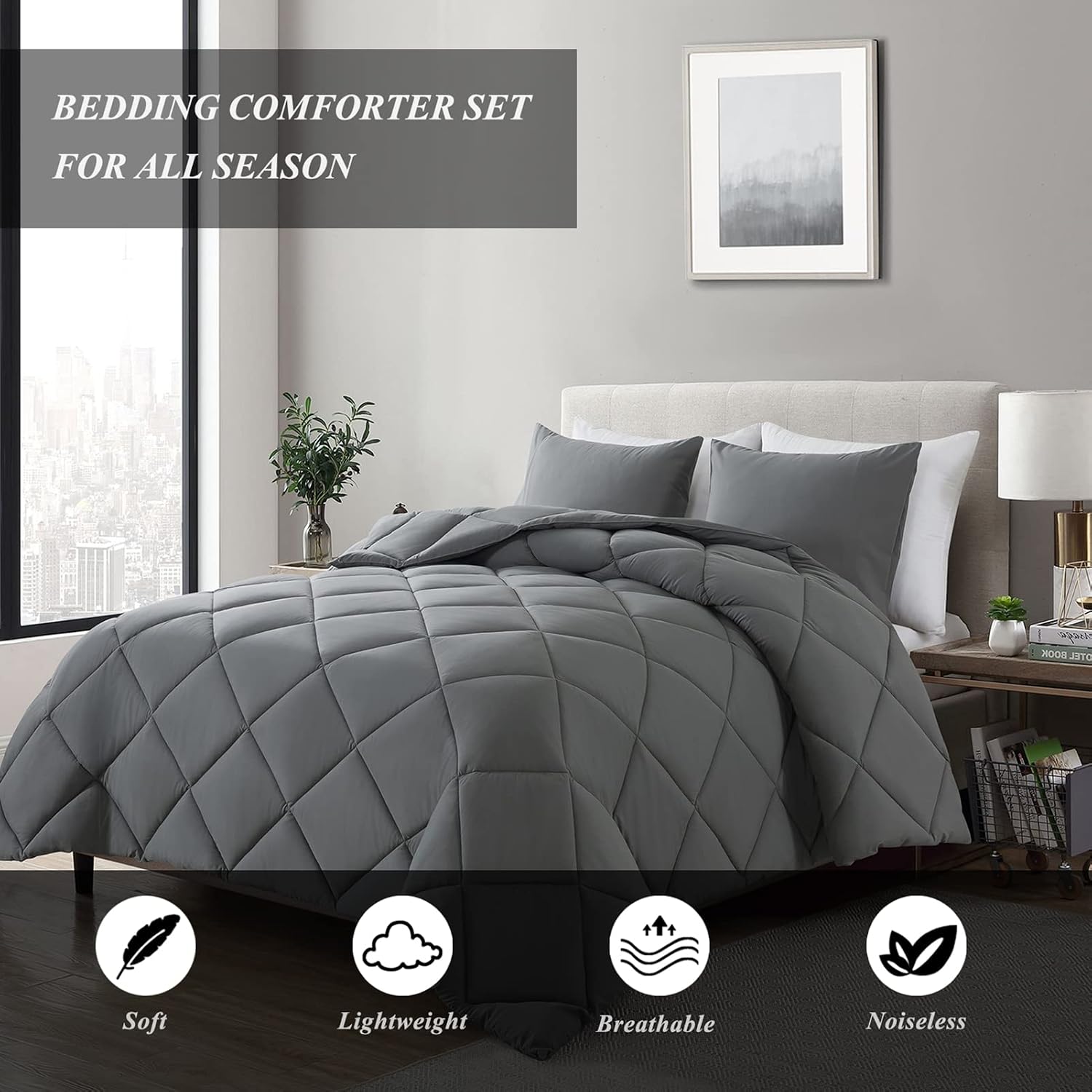 ELNIDO QUEEN Grey Full Comforter Set with 2 Pillow Shams - 3 Pieces Bed Comforter Set - Gray Down Alternative Comforter Set - Lightweight All Season Bedding Comforter Sets Full Size(82x86 inch)