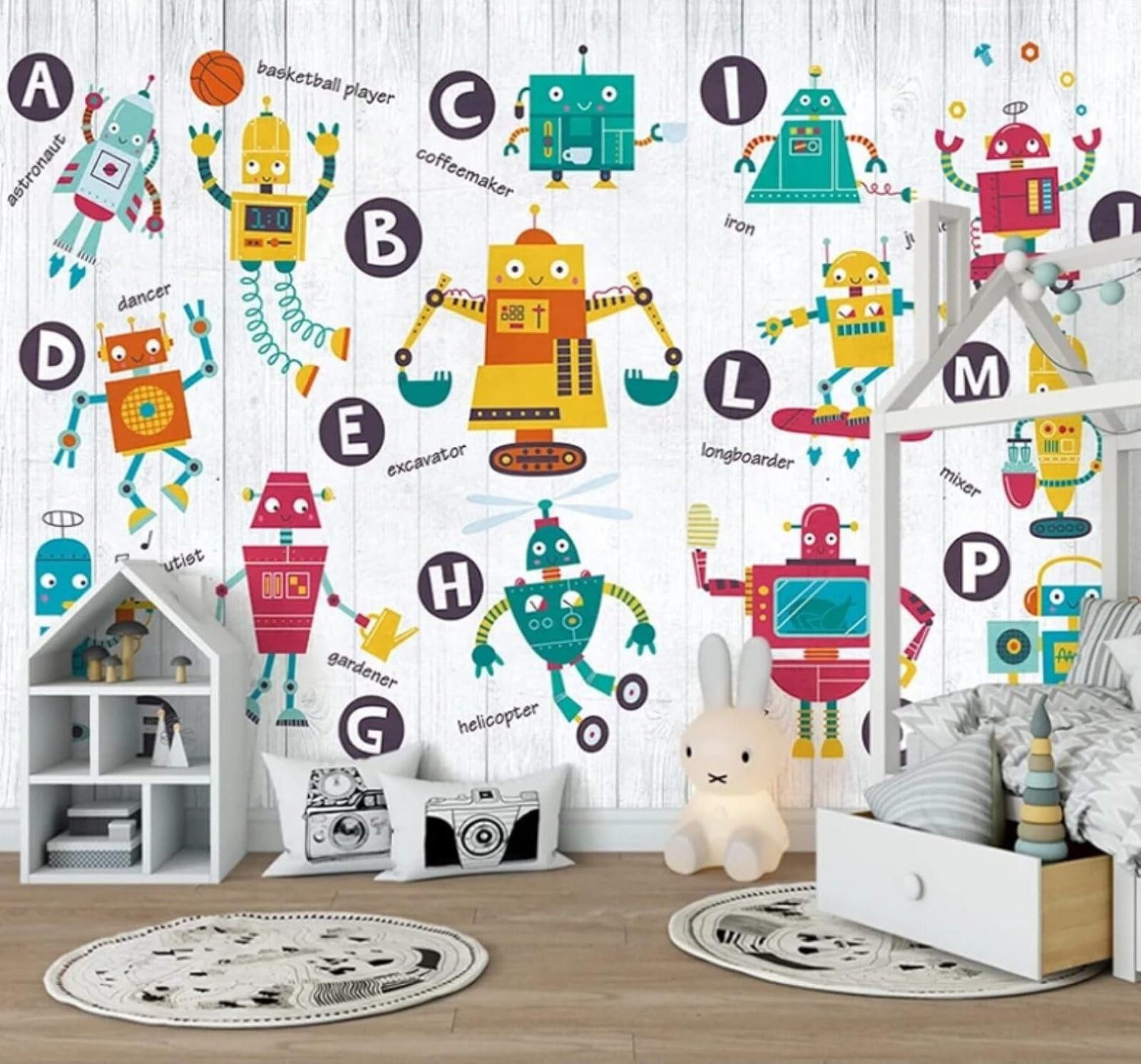 XLMING Cartoon Creative Robot Woodgrain Letters 3D Wallpaper Luxury Home Dining Decor Paste Sofa Living Room The Wall for Bedroom Mural-350cm×256cm