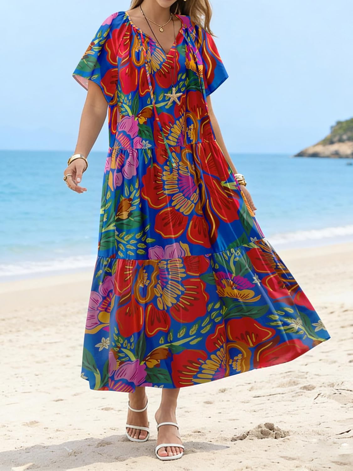 Yousify Womens 2026 Summer Maxi Dresses Short Sleeve Boho Beach Shirt Dresses Loose Vacation Outfits Sundresses - Image 3