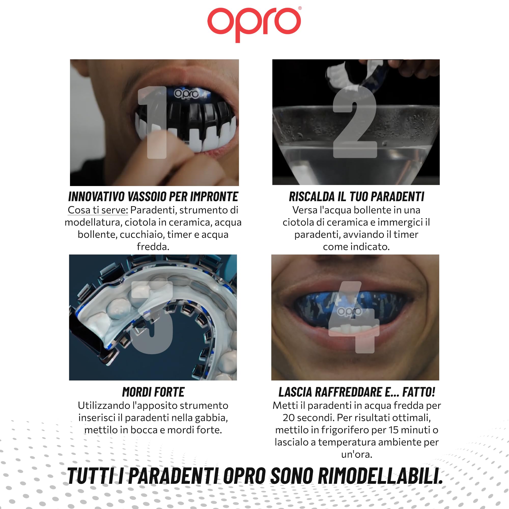 OPRO Paradenti Instant Custom-Fit - Protezione Dentale di Livello Odontoiatrico - Paradenti per Boxe, MMA, Rugby, Hockey - Per Adulti e Bambini - Automodellante - Con Garanzia Dentale