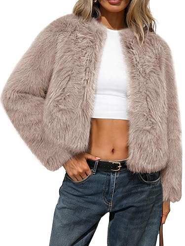 Women’s Fluffy Faux Fur Cropped Coat – Soft Warm Fashion