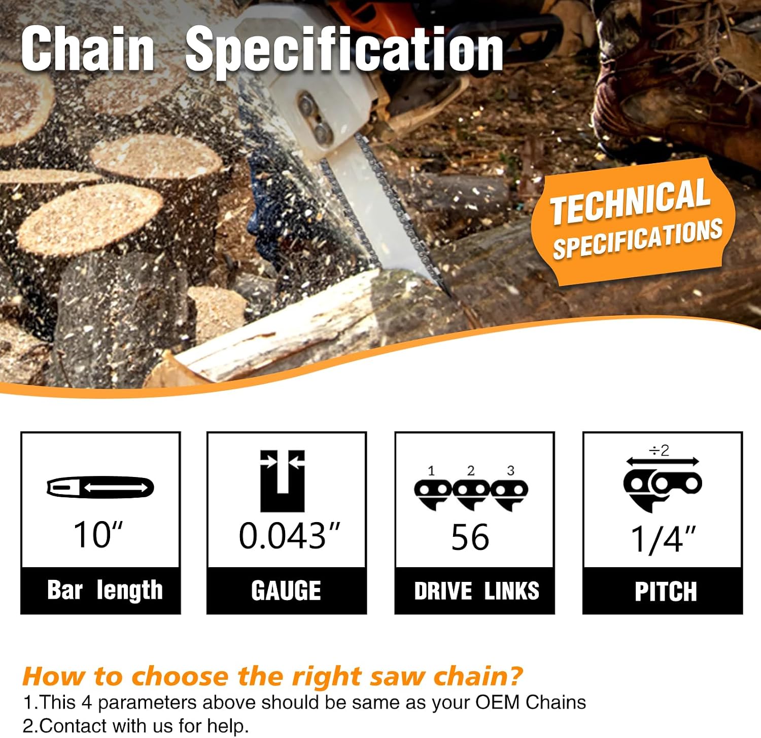 M.A.K 10 inch Chainsaw Chain 56DL Drive Link, 1/4 LP Pitch, 0.043” Gauge, Fit for Craftsman, Echo, Poulan, Ryobi, Worx 10 inch Chainsaw Chains, 3pcs