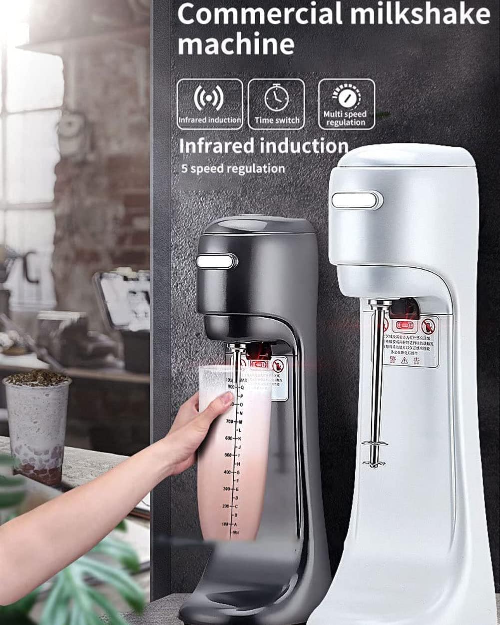 Frullatore Elettrico Per Frappè, Macchina Automatica Per Frappè Da 280 W Con Velocità Regolabile A 5 Marce, Frullatore Per Bevande Commerciale In Acciaio Inossidabile Per Cocktail/Banana/Fragola