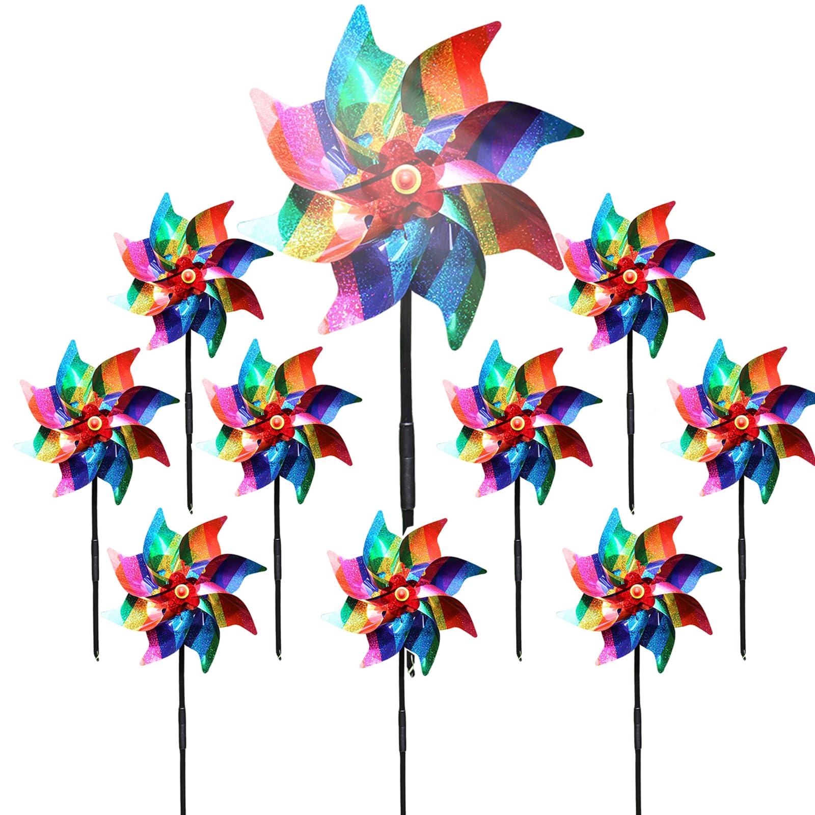 Photo 1 of 10 Pieces 21 Inches Rainbow Reflective Pinwheels with Stakes Windmill Wind Spinners Outdoor for Yard Garden Lawn Farm Decor Bird Repellent, Large Plastic Foil Pin Wheels for Birds Animal Deterrent