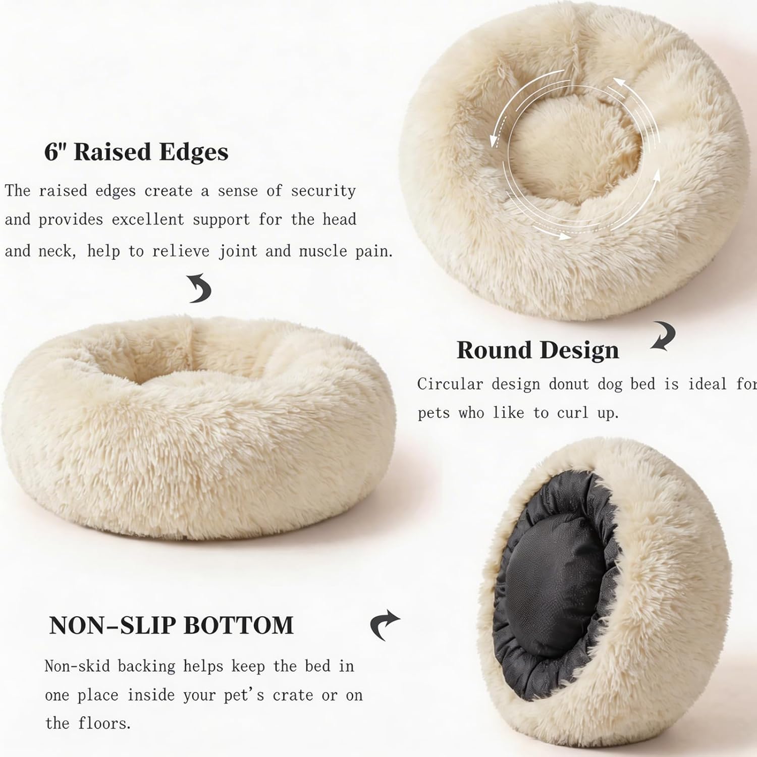 Calming Donut Dogs Beds for Small Dogs Washable,23inch Plush Round Pet Bed for Cozy Sleep,Fluffy Faux Fur Large Cat Bed,Fits up to 25 lbs Pets,Beige