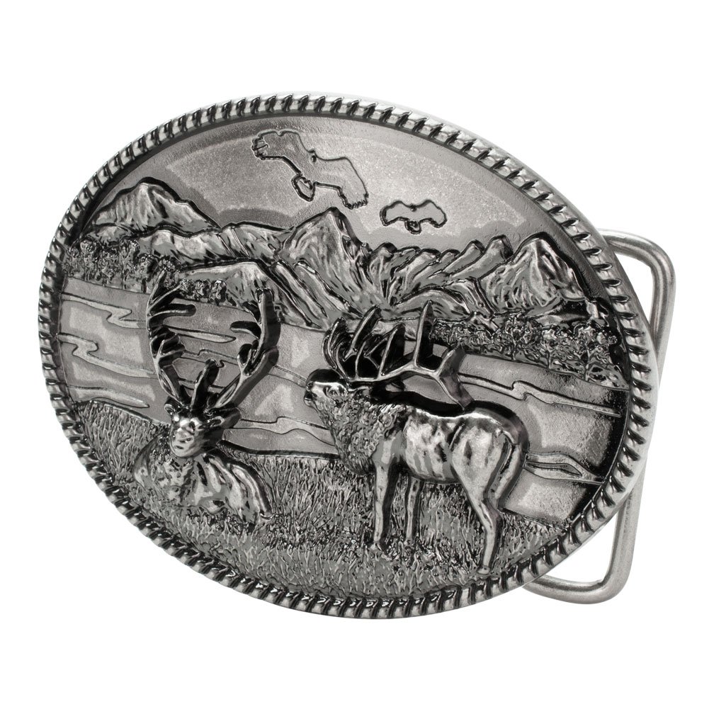 Buckle Rage Men's Mountain Elk Hunting Wilderness Oval Belt Buckle Silver