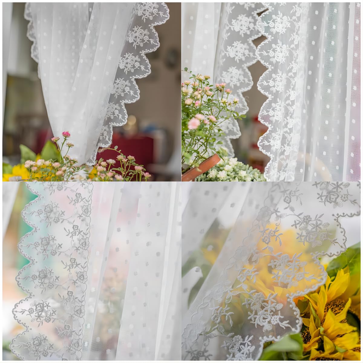 Tenda a pannello, stile rustico romantico, in pizzo bianco, motivo floreale, trasparente, con coulisse, in cucina, numero di soggiorno, 1 pezzo, bianco, altezza x larghezza 260 x 140 cm