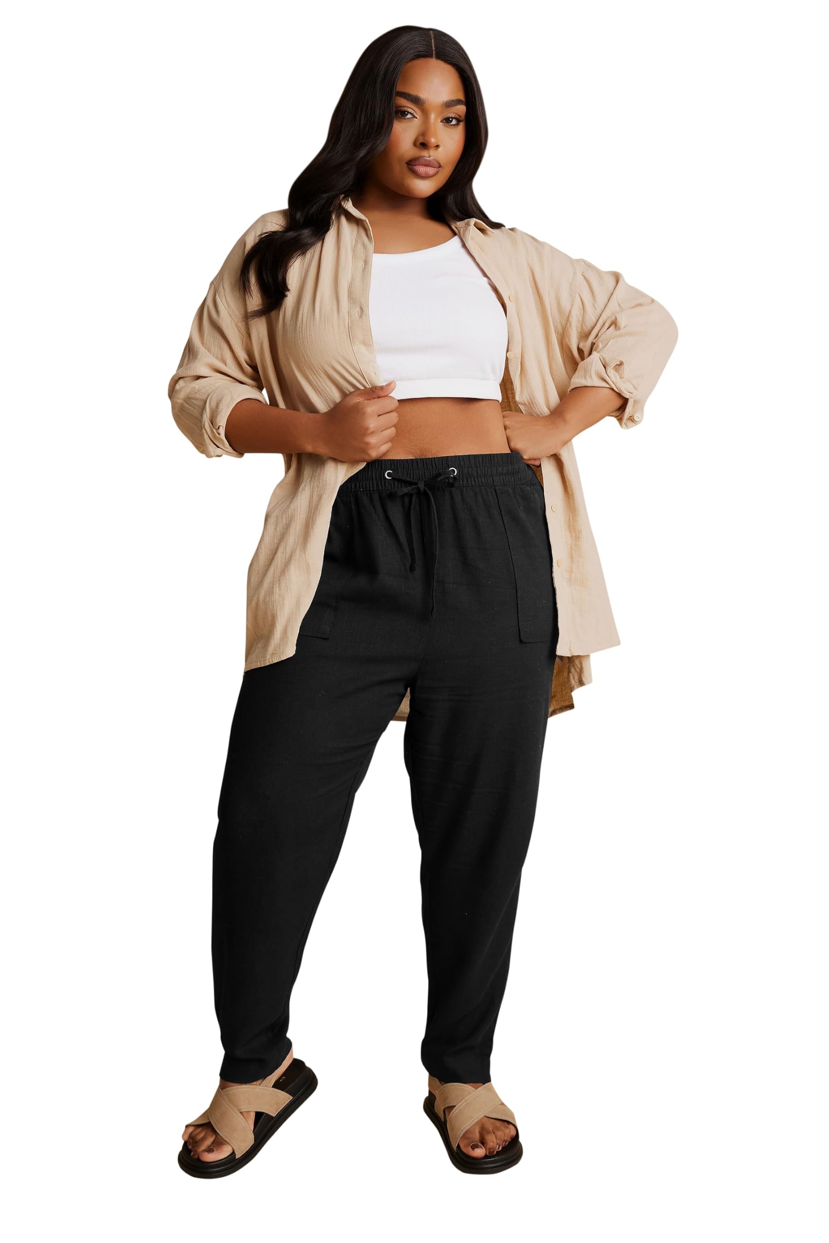 Yours Women's Black Linen Tie Front Joggers In | : Size 16