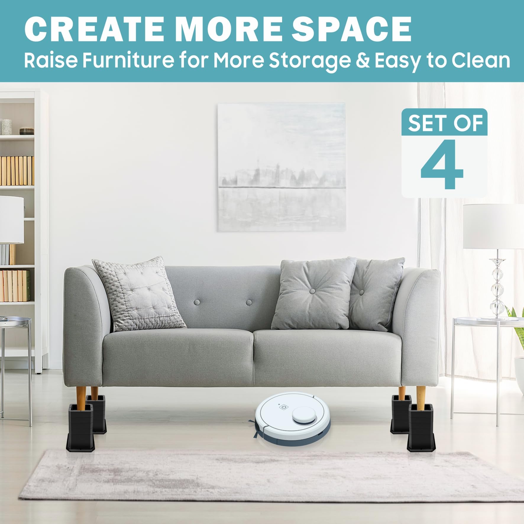 Rialzi per letto da 5, 7, 10, 12 o 15 cm, impilabili, regolabili, antiscivolo, per divani, tavoli, set da 4, colore nero