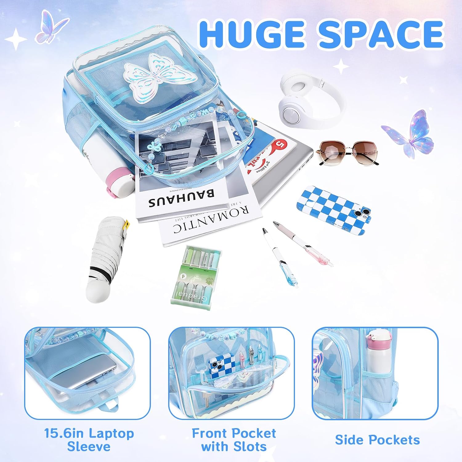 MUSEVOS Clear Backpack, Clear Bookbag for School PVC Heavy Duty Transparent Backpack for Girls, Blue Butterfly