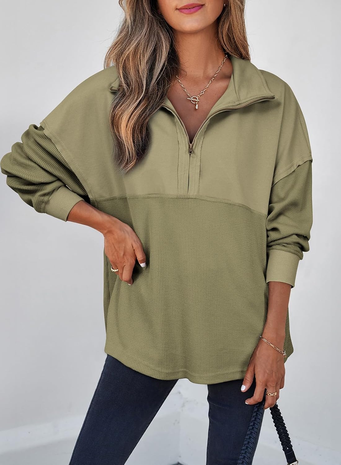 SHEWIN Womens Fall Sweatshirt Casual Waffle Knit Half Zip Pullover Loose Long Sleeve Tops - Image 4