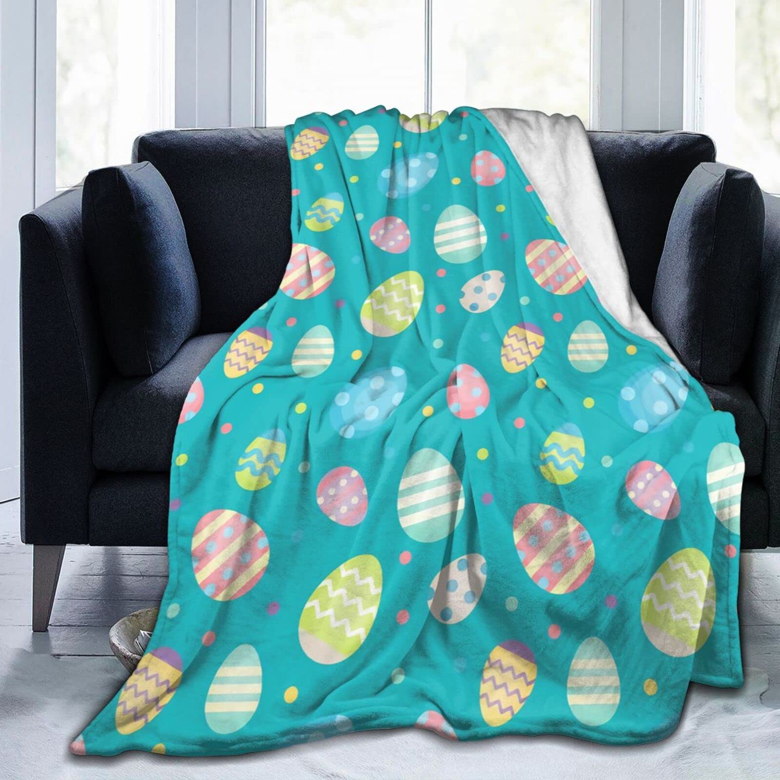 Lsjuee Easter Egg Blue Throw Blanket Warm Cozy Lightweight Blankets Easter Gift Flannel Blanket for Sofa Couch Bed Office Holiday Decorative 80"X60"