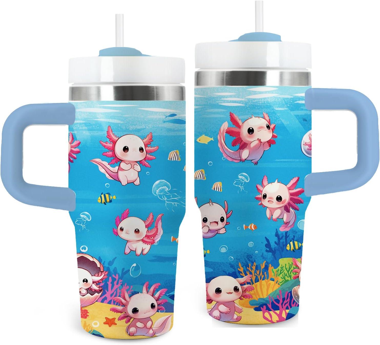 Axolotl Gifts for Girls - 14oz Blue Kids Axolotl Tumbler with Handle and Straw, Stainless Steel Insulated Water Cup, for Sport, School, Travel - Axolotl Lovers Gift for Children Birthday Gift Cup(1pc)