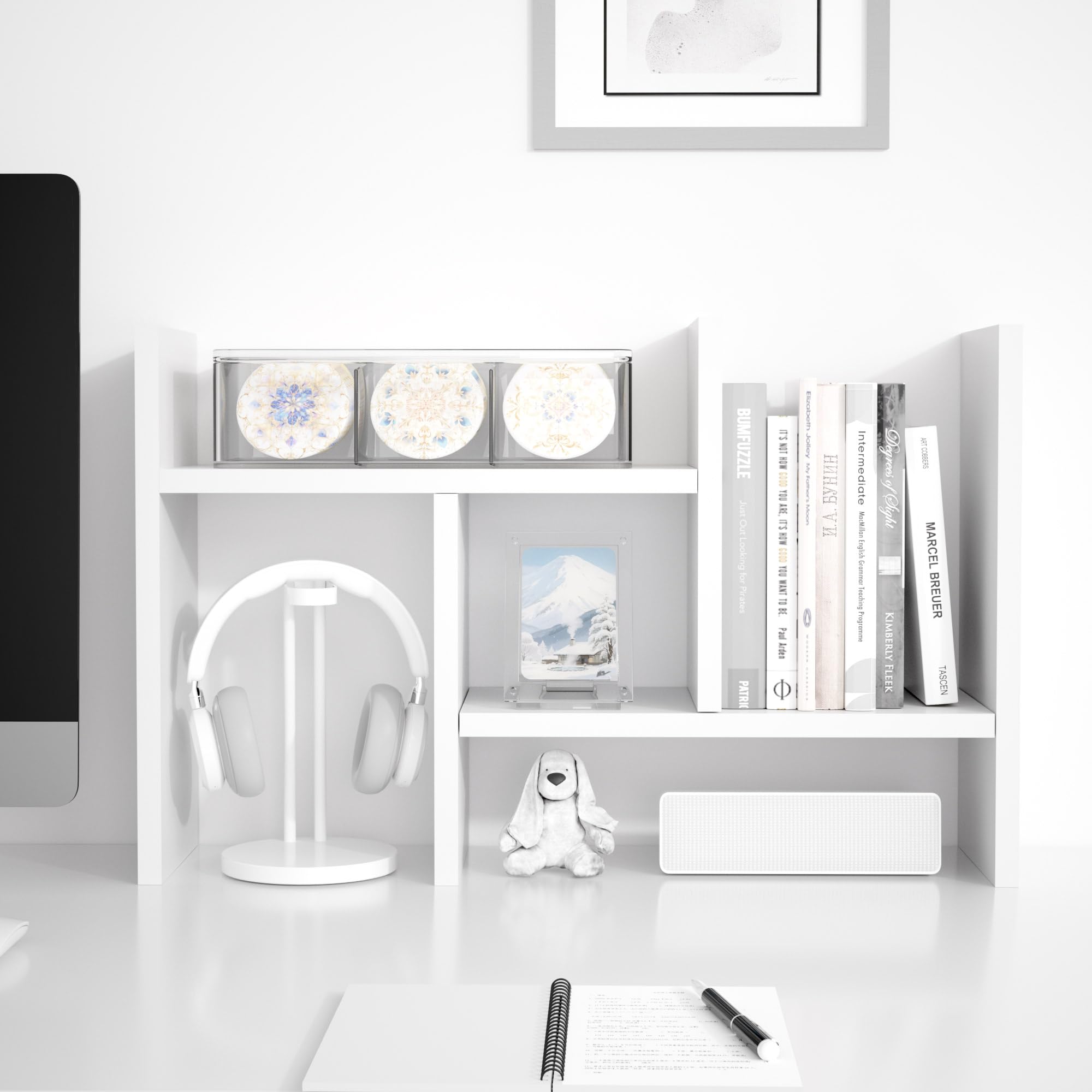 Jerry & Maggie Schreibtisch-Organizer, Büro-Aufbewahrungsregal, verstellbares Holzregal, freier Stil, Doppel-H, multifunktionales Mini-Bücherregal für Schreibtisch, natürlicher Ständer (weiß)