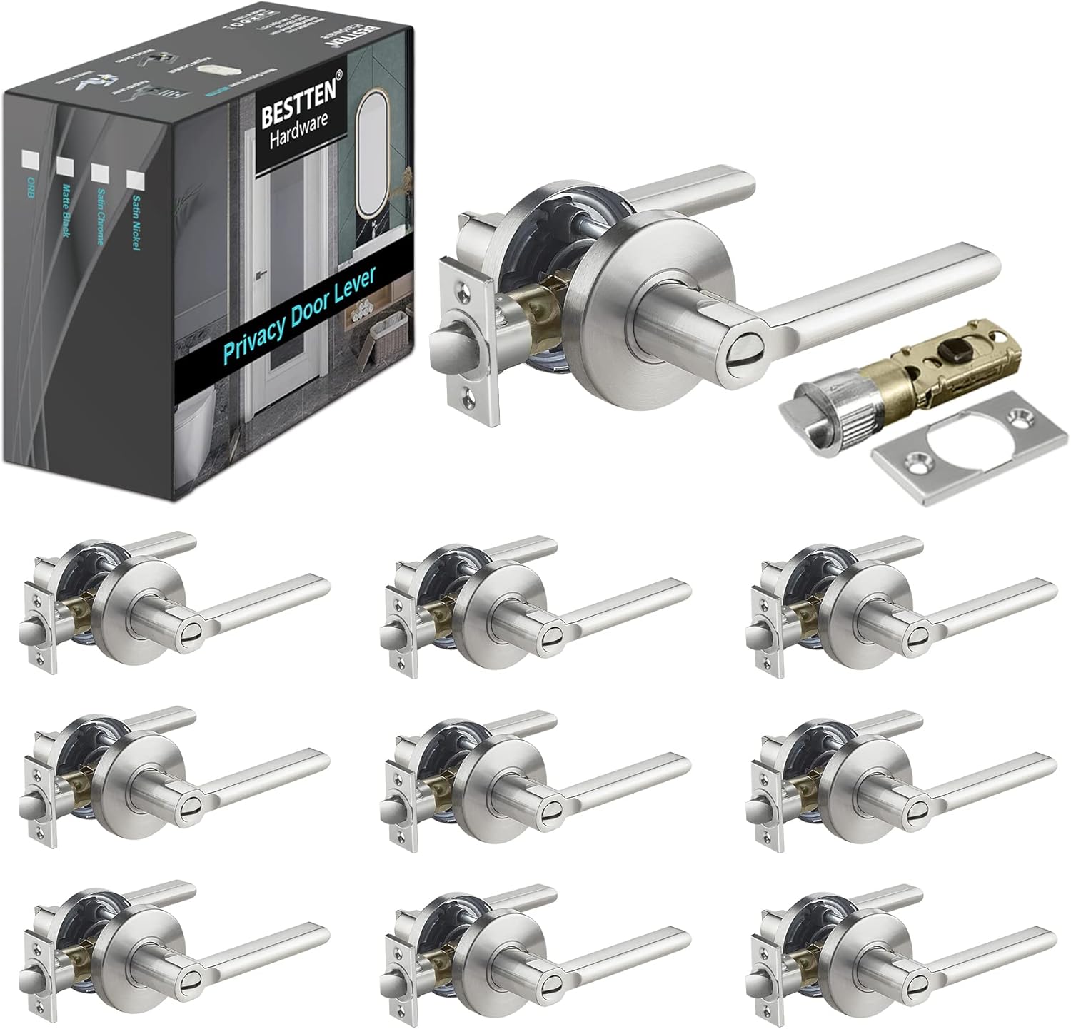 Exclusive Discount 50% Price [10 Pack] BESTTEN Privacy Door Lever with Removable Latch Plate, All Metal Door Handle, Commercial and Residential, Contemporary Round Design Interior Door Handle, Satin Nickel, Vienna Series