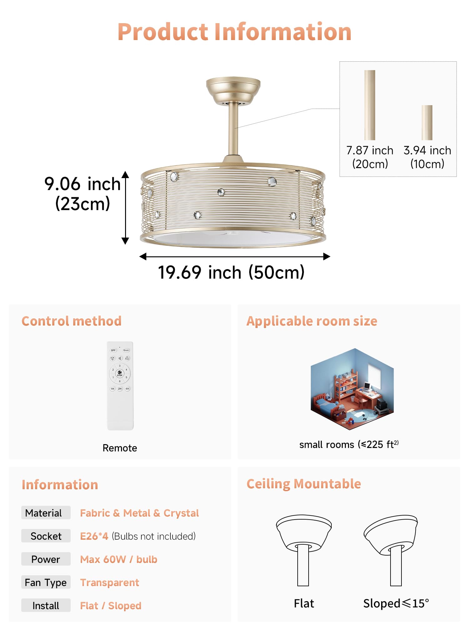 MizWacky Gold Crystal Fandelier Ceiling Fans with Lights, 20" Gold Flower Chandelier Ceiling Fan with Light Remote Control, Caged Mid-Century with 6 Speeds for Bedroom, Nursery, Living Room: Gold