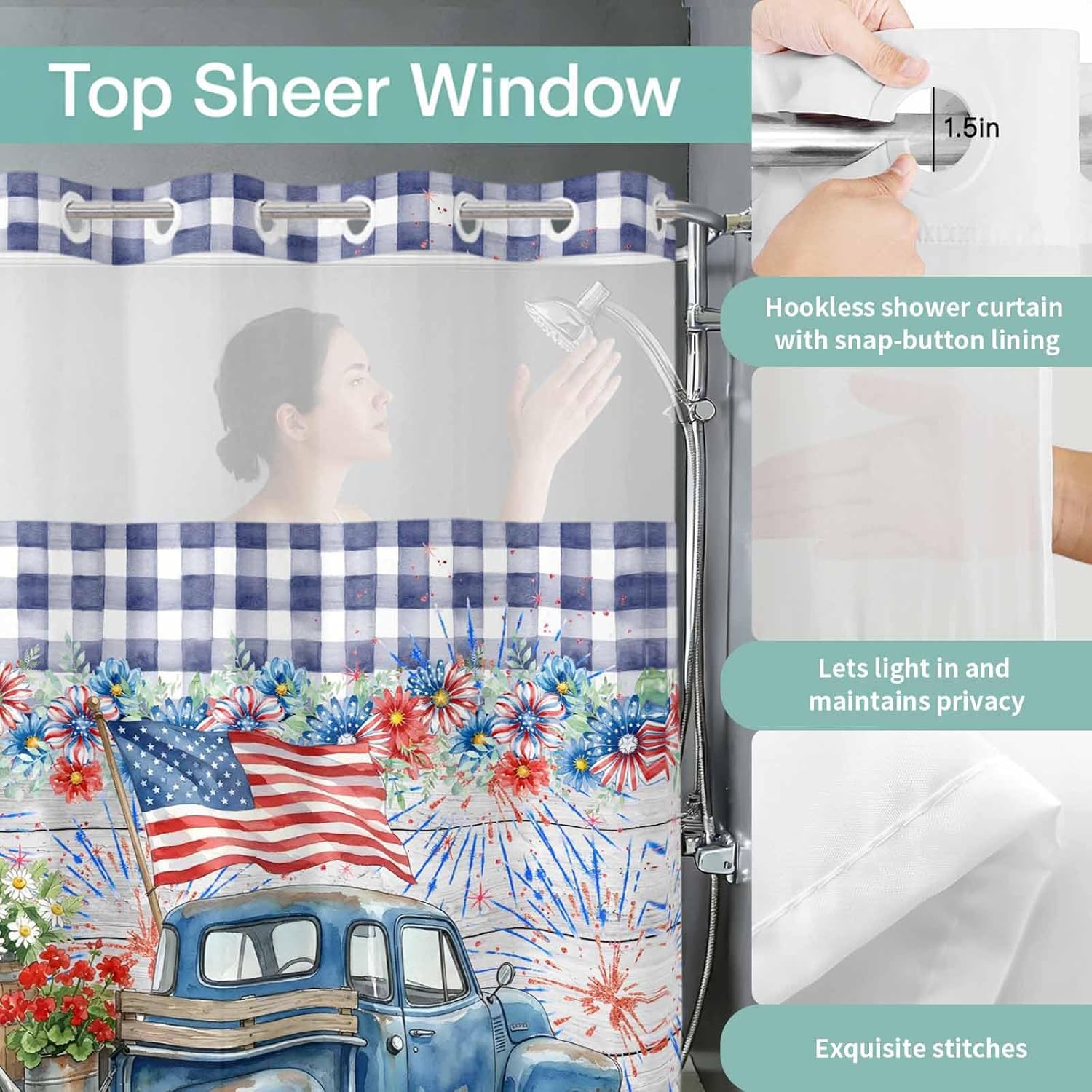 No Hooks Shower Curtain with Snap in Fabric Liner Set, Independence Day Trucks Daisy Shower Curtains Waterproof Washable Bathroom Curtain with See Through Top Window,60x72in Blue White Plaid