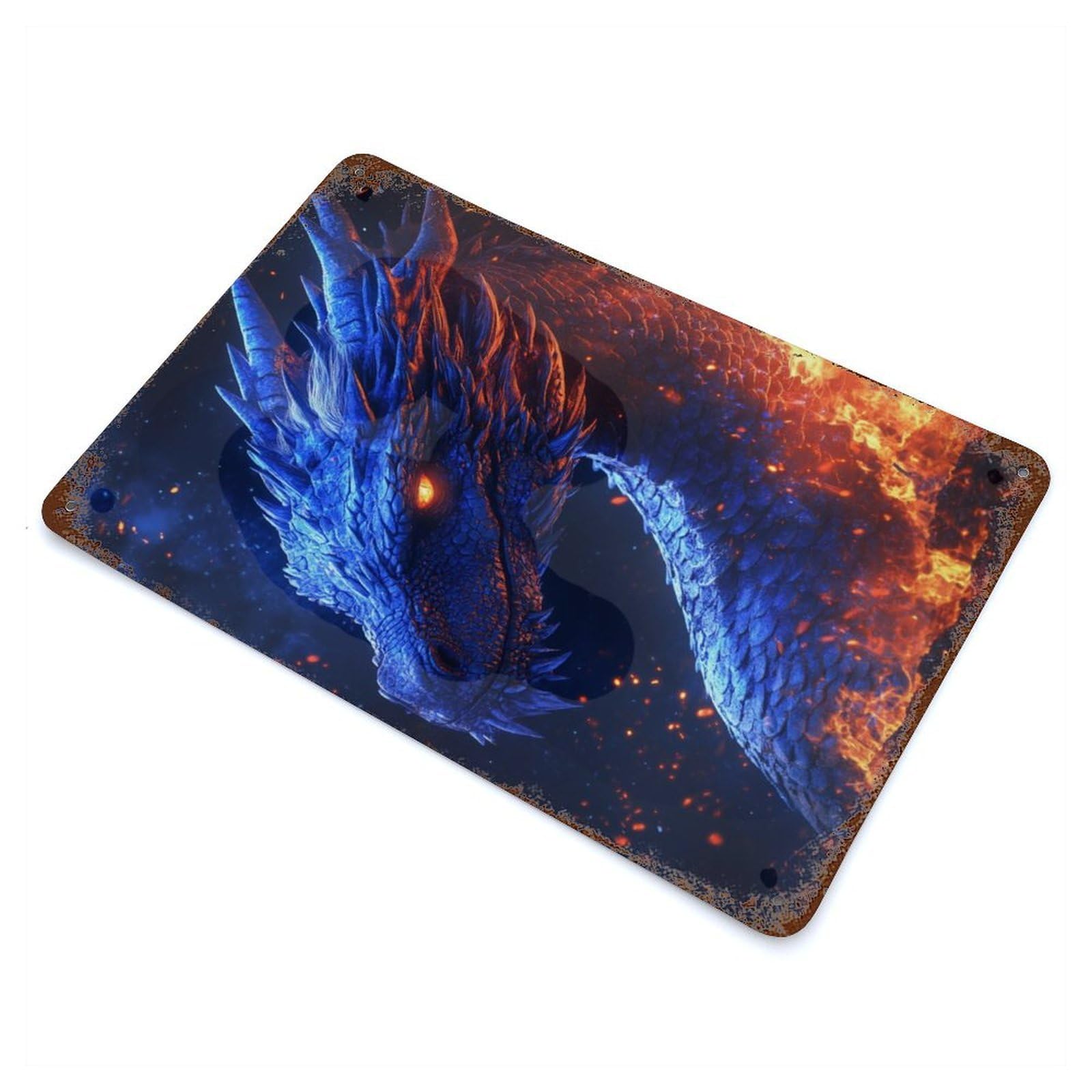 Blue Dragon in Flames 11.8"x7.9" Aged Metal Wall Plaque, Novelty Wall Decor for Shed, Workshop And Garage Wall Decor