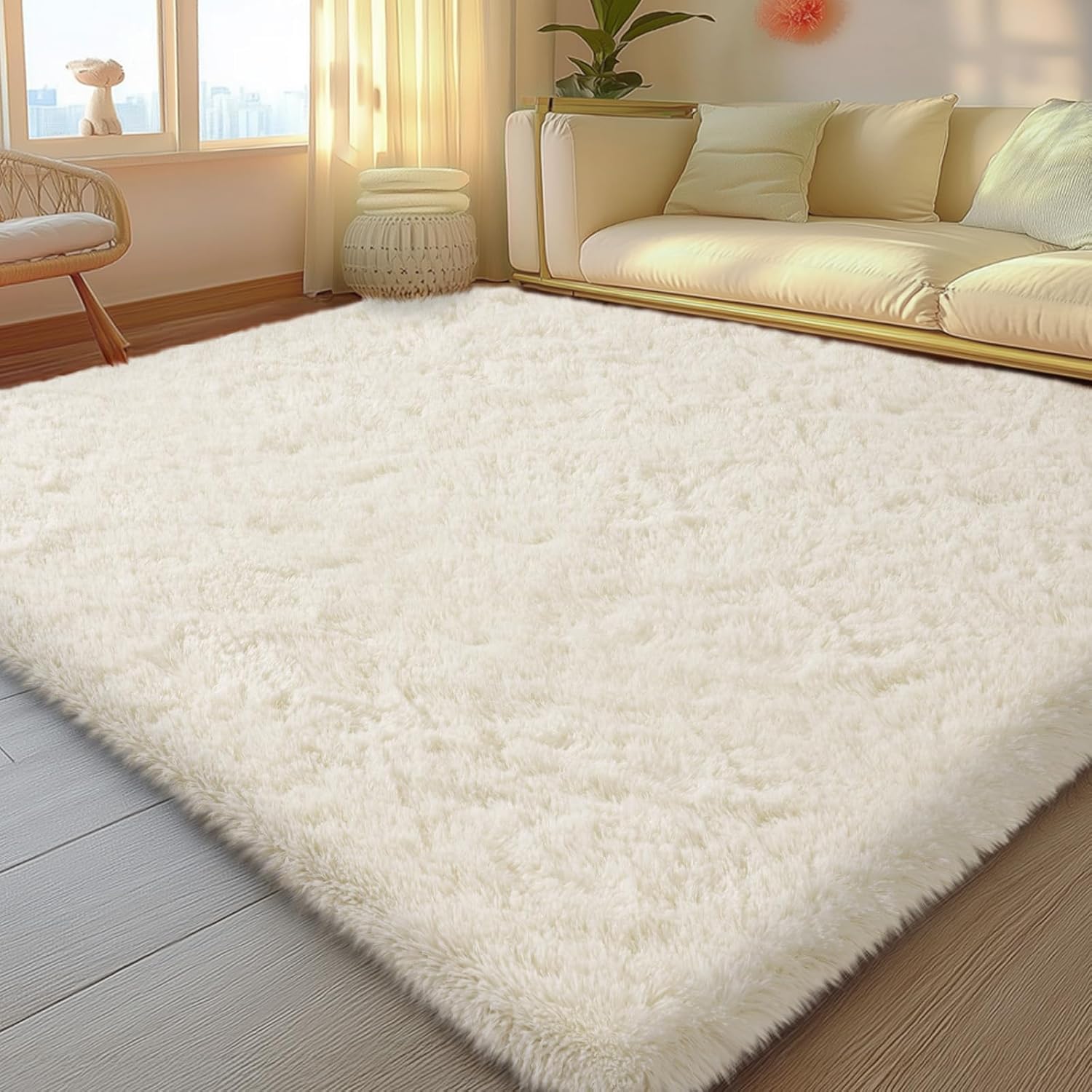 Oxford Homeware Shaggy Rugs Living Room 140 x 200 cm Cream Rug for Bedroom Non Slip Fluffy Carpet Non-Shedding Thick Soft High Pile Rug Kids Room