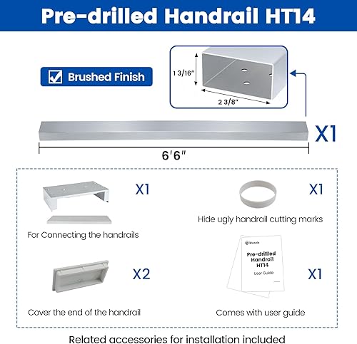 Miniatura 8 de Muzata Pasamanos de acero inoxidable preperforado de 6 pies 6 pulgadas con tapa de extremo de conector de extensión para fácil instalación,