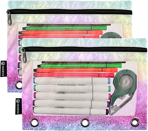 Miniatura 2 de Gredecor Estuche para lápices con 3 anillas, purpurina rosa, con cremallera, 2 unidades, organizador de carpetas transparentes para la escuela y la