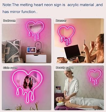 Heart Neon Sign Melting Mirror Sign Wall Decor Bedroom Girls Room LED Pink Heart Mirror Neon Light for Party, Studio Store Decoration, Birthday Gift