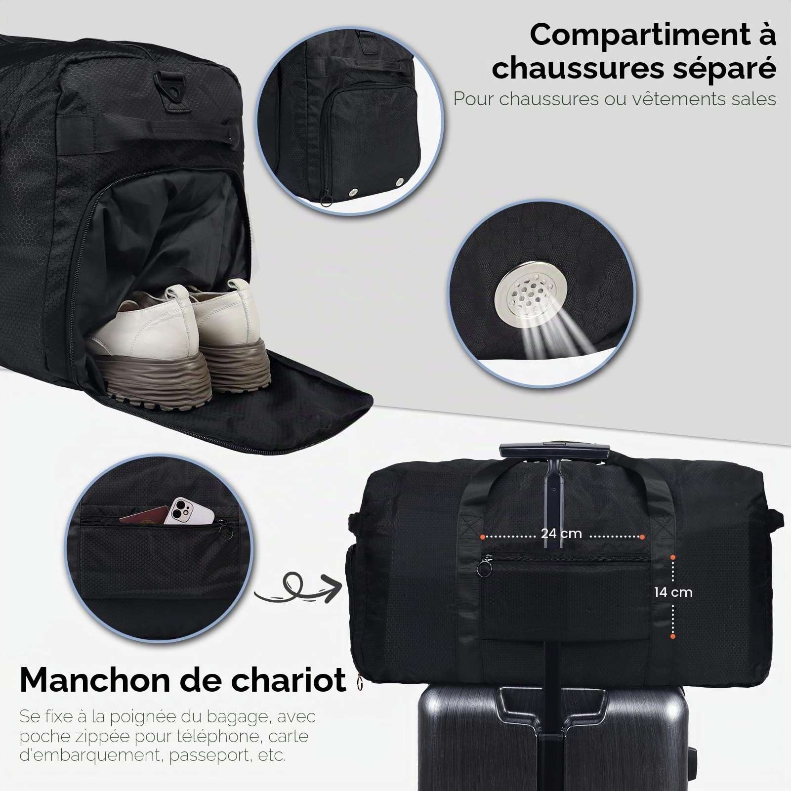 Fmeida Sac de Voyage Pliable 65L – Grand Sacs de Sport Imperméable avec Compartiment à Chaussures pour Homme et Femme, Sac Weekend Léger avec Bandoulière, Idéal pour Gym, Camping, Randonnée, Maternité