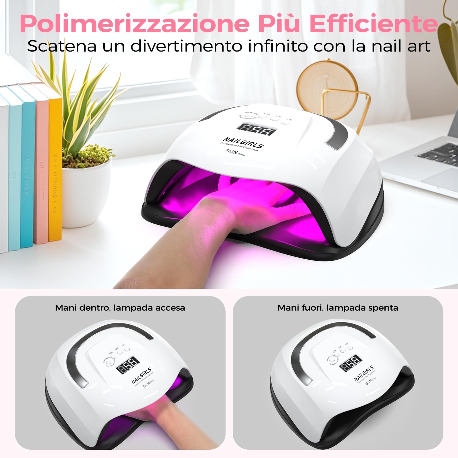 NAILGIRLS Lampade UV Per Unghie, 268W Portatile Lampada per Unghie Asciuga Smalto Fornetto Unghie per Manicure Pedicure,Sensore Di Avvio Automatico Lampada Unghie LED UV,4 Modalità Timer,Display LCD