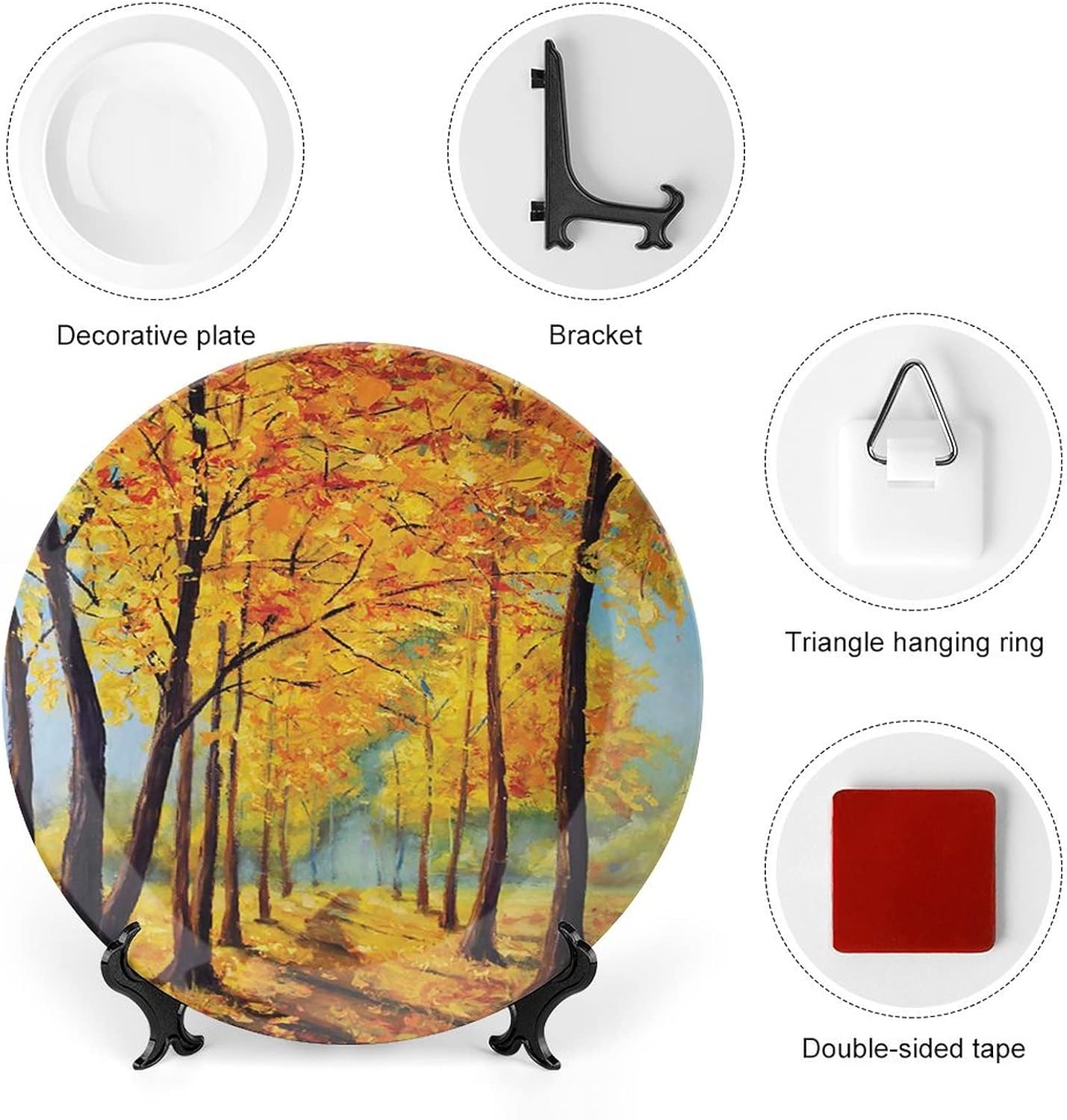 XISUNYA 10 Inch Decorative Plate,Country Round Porcelain,Painting of Park in Autumn Fall with Pale Warm Tone Leaves Print Ceramic Wall Hanging Decor Accessory for Dining Table Tabletop Home Decor