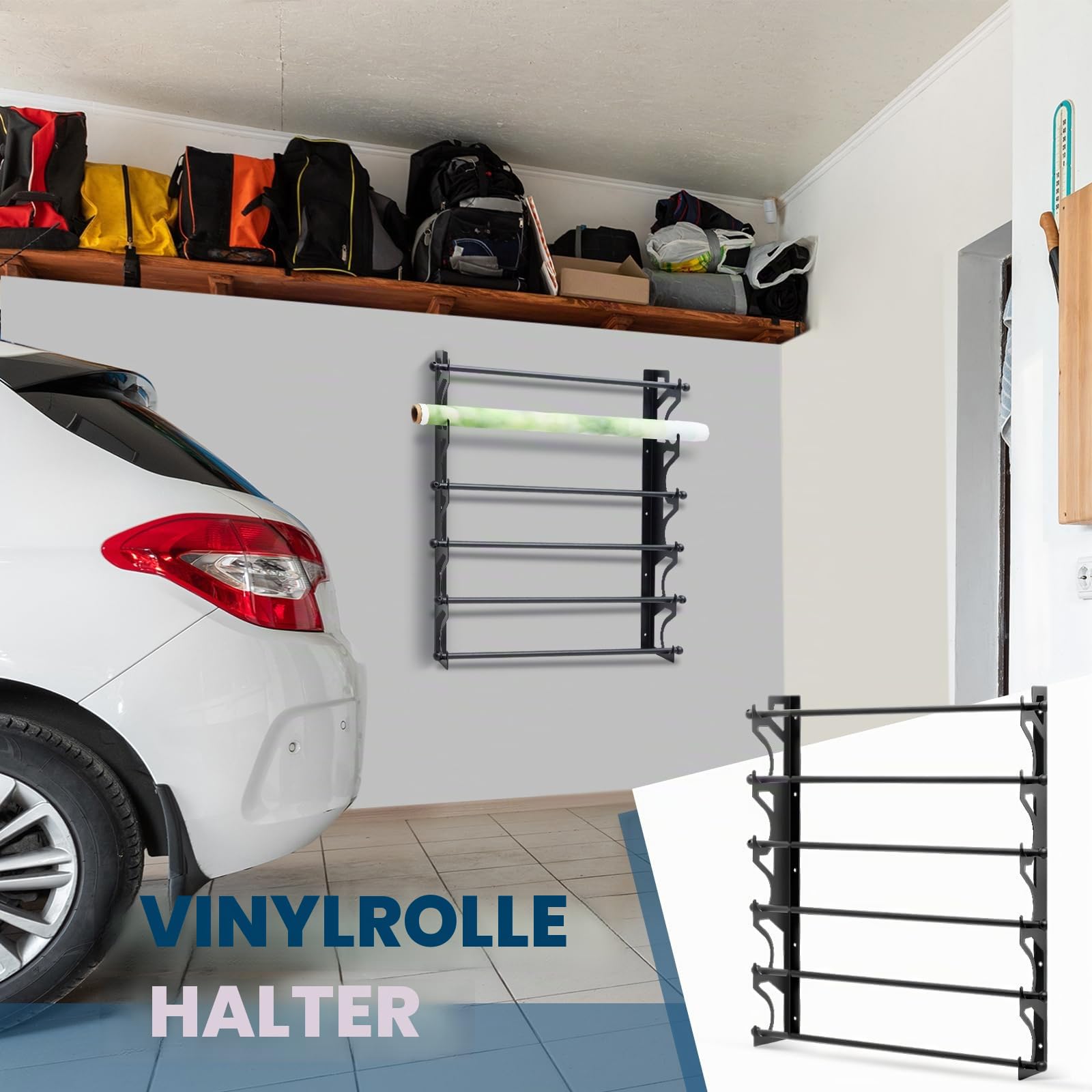 Verstellbarer Wandhalter aus Metall, für 6 Vinylrollen, für Autoverkleidung, Transferpapier, Klebeband, Tapeten, Fensterfolie, Garage, Werkstatt – Nur Halterung