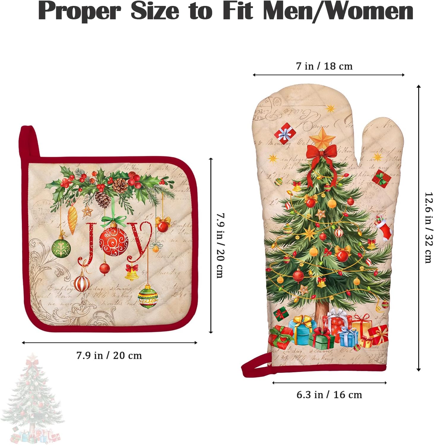 Christmas Tree Oven Mitts and Pot Holders Sets 4Pcs, 100% Cotton Heat Resistant, Extra Long Oven Gloves Potholder for Kitchen Cooking Baking Decoration - Image 3
