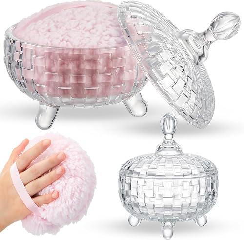 Tioncy 2 Pcs Extra Large Dusting Powder Puff and Container 6'' Body Powder Puff and Crystal Container for Women Soft Washable Reusable Velour Face(Clear)