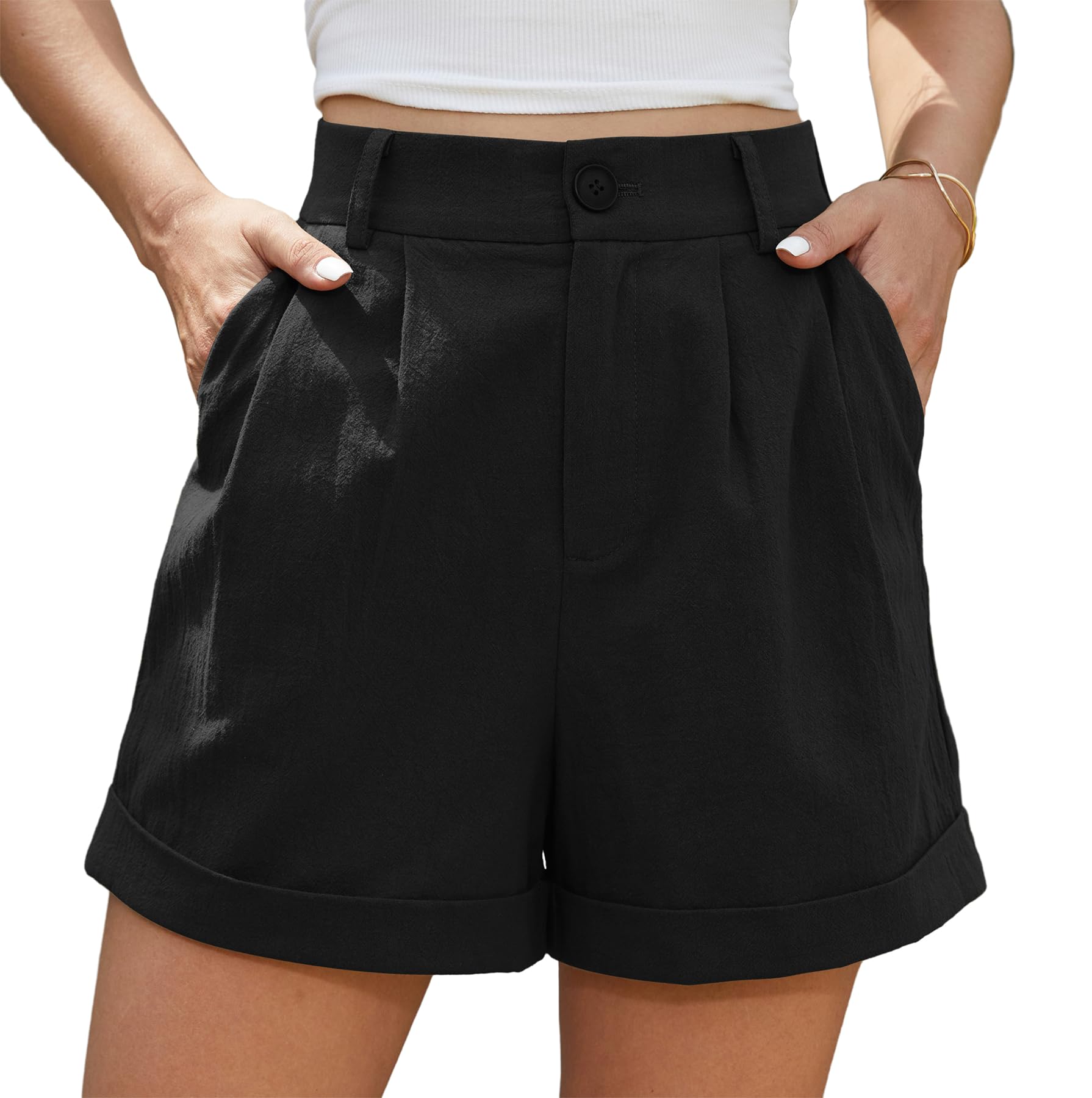 Womens Linen Shorts Summer High Waist Shorts Roll Up Pleated Zippered Wrap Hem Wide Leg Shorts with Pockets-image-38