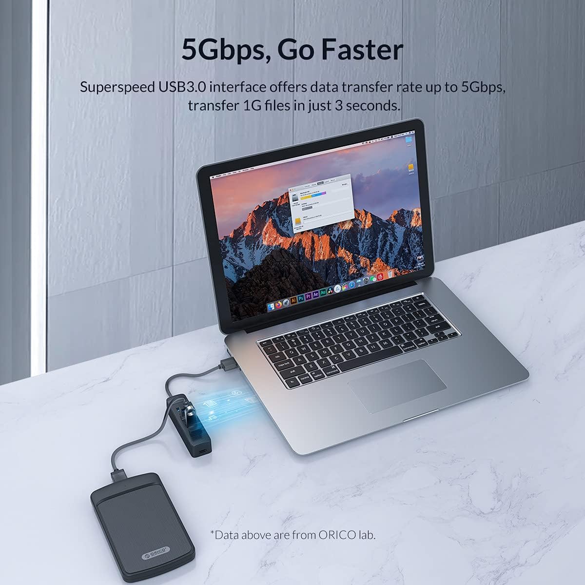 ORICO USB 3.0 4-Port Hub connected to a laptop with an external hard drive, illustrating 5Gbps data transfer.
