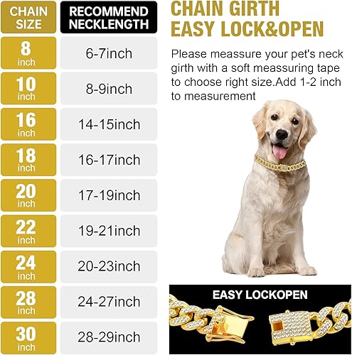 Miniatura 2 de Collar cubano dorado para perro, collar de cadena de metal dorado con diseño de hebilla segura, collar de cristal cubano para mascotas, accesorios