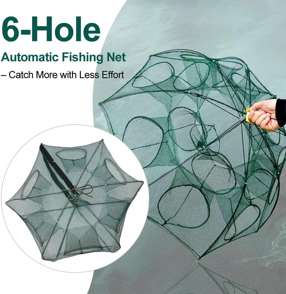 Fishing Trap Net, Fishing Bait Traps Minnow Traps, Bait Traps for Fishing for Bait Fish, Automatic 6 Hole Cast Net Cage Nylon Rope Portable Folded Fishing Net Fish Shrimp Mesh Trap for Fishes Shrimp