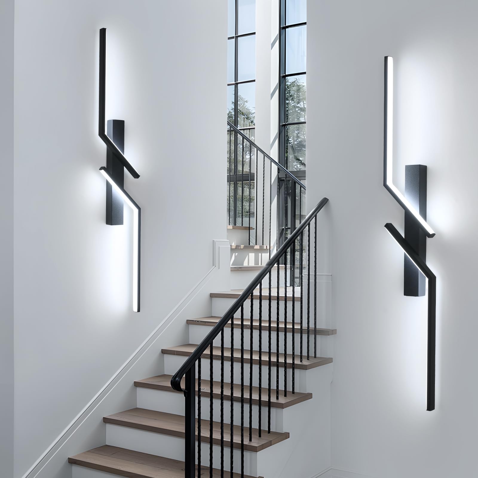 Goeco Applique da Parete Interno 81CM 24W 6500K 2 Tubi Lungo Nero | 2700LM Lampada da Parete Lungo in Acrilico a Luce Bianco Freddo Applique a Muro Moderno per Soggiorno Camera da Letto Scala
