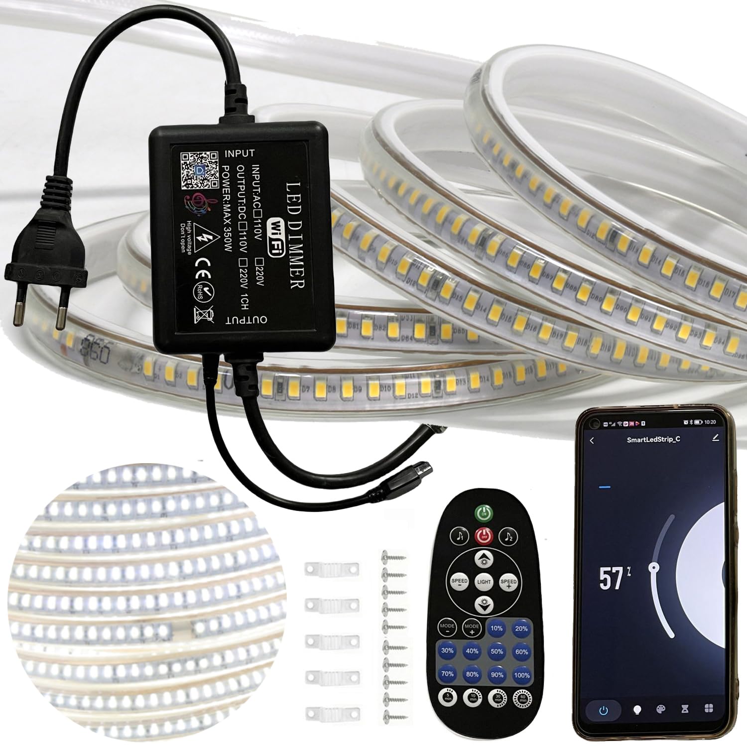 Striscia LED 25 metro Bianco Freddo, controllata tramite WIFI/APP, dimmerabile con trasformatore 220V e telecomando IR, 2835 144 LEDs/m, Timer, Musica, Impermeabile IP65