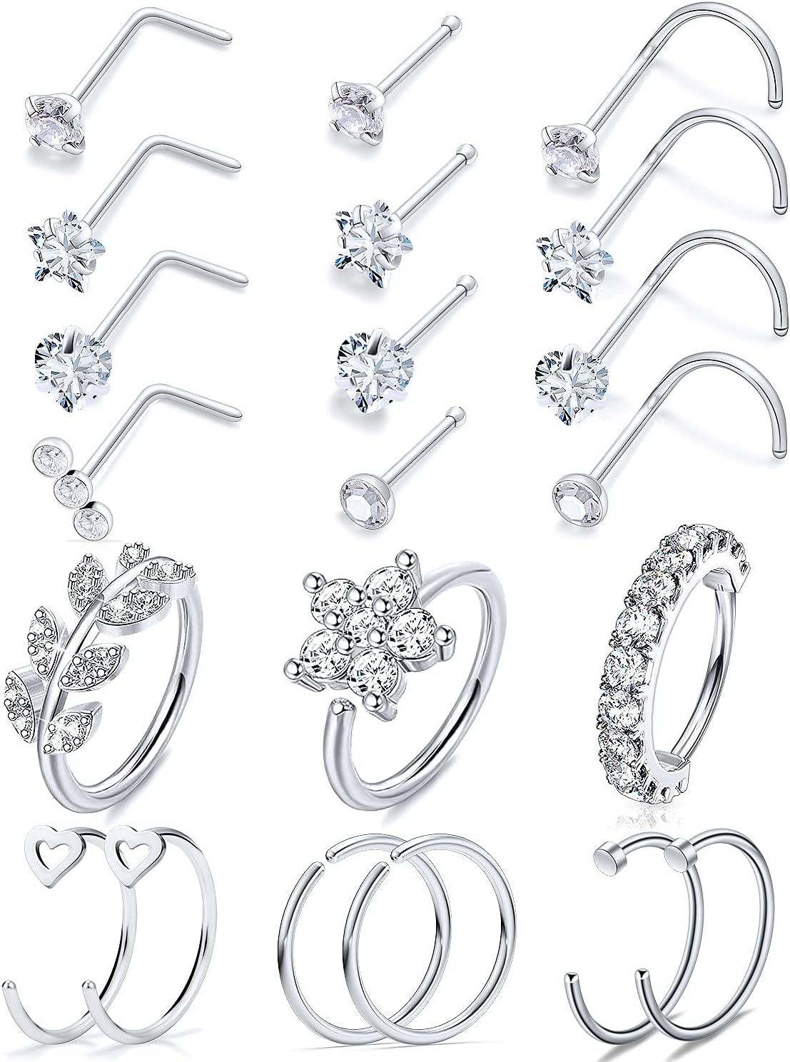 Hoeudjo 20G Nose Rings - Surgical Steel Nose Piercing Jewelry Hoop & Studs for Women & Men