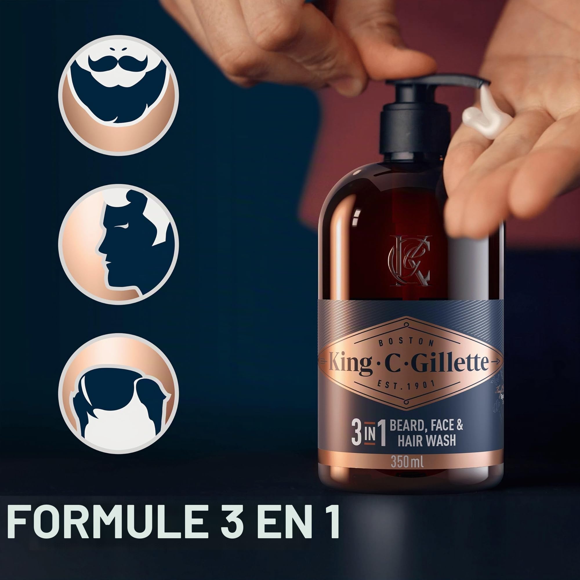 King C. Gillette Kit Barbe Homme avec 2 Soins Visage – Parfum avec des Notes de Bois de Santal, Coffret avec Nettoyant 3-en-1 350 ml, Baume Adoucissant 100 ml, Trousse de Voyage