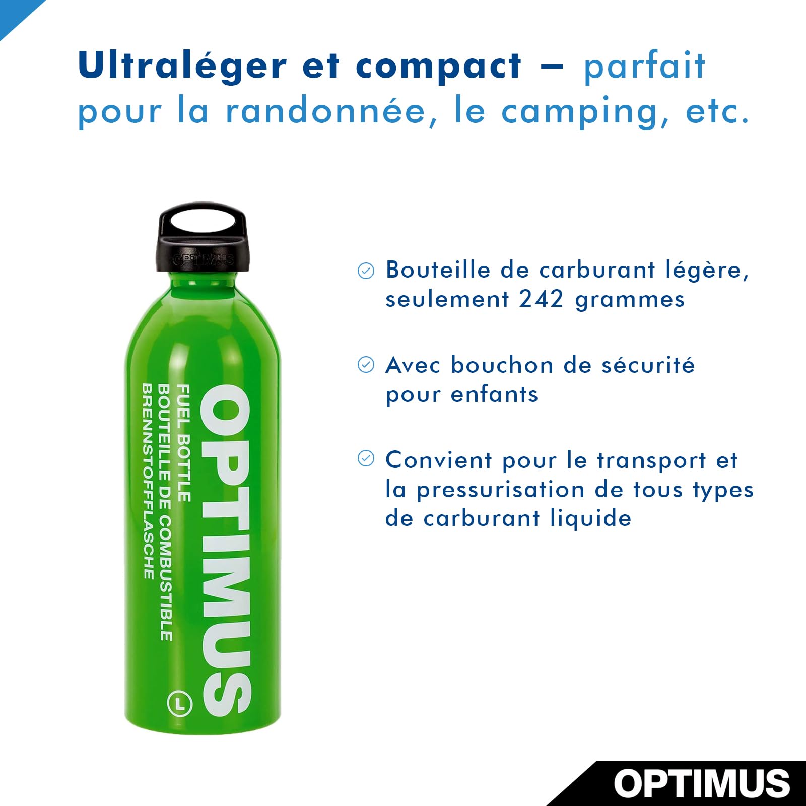 Bouteille de carburant Optimus 1,0L (L) – Flacon robuste, résistant à la pression, avec bouchon sécurisé pour enfants, idéal pour les carburants liquides – Parfait pour les longues aventures