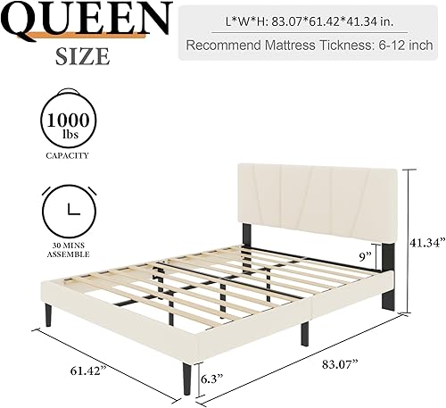 Miniatura 2 de Base de cama de plataforma de tamaño matrimonial con cabecera tapizada, soporte de listones de madera, sin ruido, no necesita somier, fácil montaje,