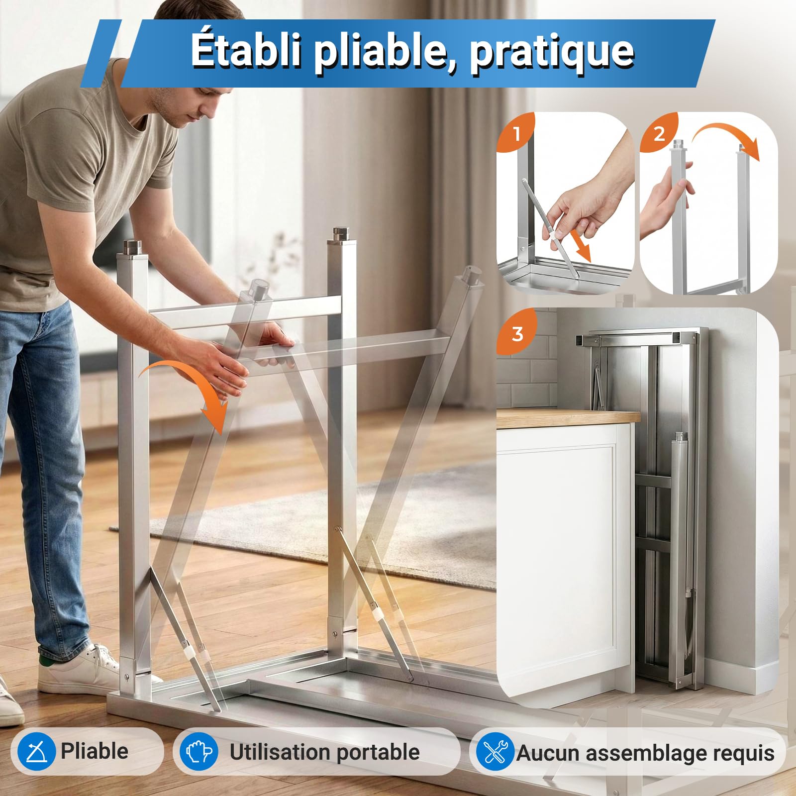 TLSUNNY Table de Travail Cuisine Pliante Acier Inoxydable 120x60cm, Établi de Restauration en Inox avec 5 Crochets, Pied Réglables, Charge 250kg,Table de Préparation Alimentaire pour Restaurant Jardin