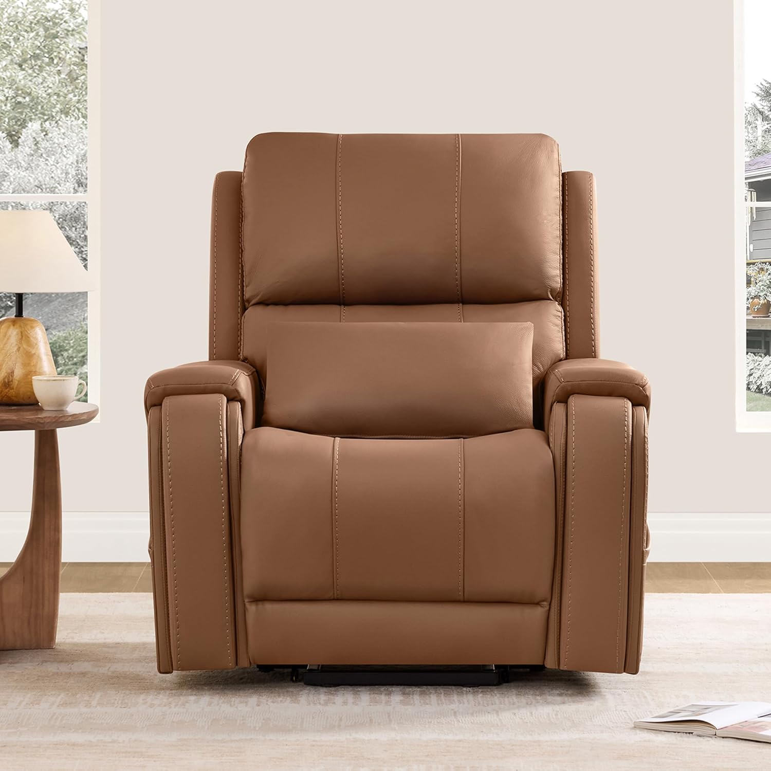 CHITA Power Lift Recliner Chair for Elderly with Heat and Massage, Genuine Leather Electric Lift Chairs with Cup Holder, Removable Lumbar Pillow, 2 Side Pockets, Leather in Saddle