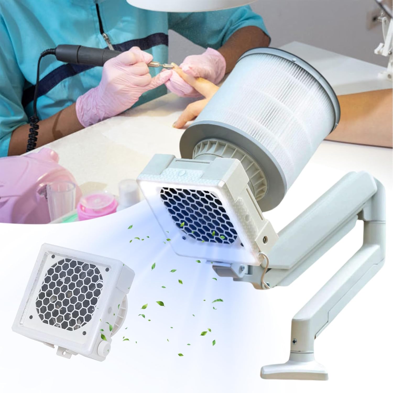 Nail Dust Extractor & Lamp Combo, 360° Flexible Control with Adjustable Bracket, Powerful Suction for Gel Polish and Pedicures