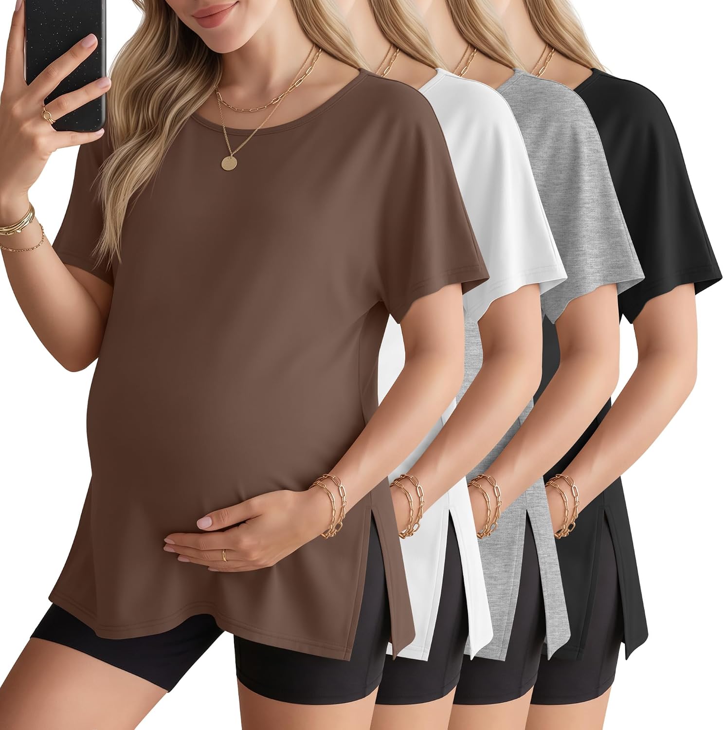 4 Pack Maternity Shirts Dolman Short Sleeve Split Side Tops Pregnancy Loose Tee Oversized Tunic Blouse Mama Clothes