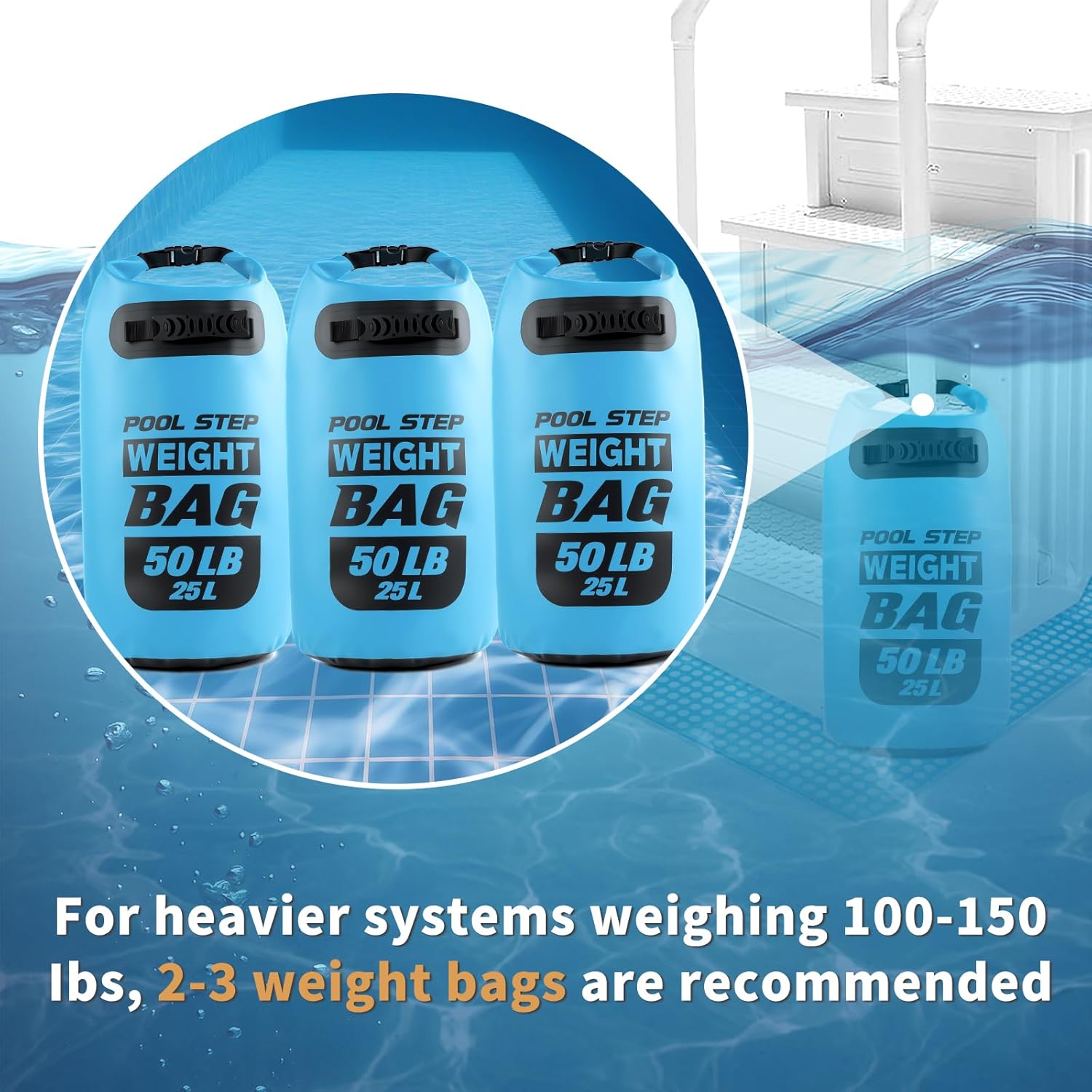 2 Pack Heavy Duty Pool Ladder Weights, 50lb Pool Step Weights, 500D PVC Waterproof Foldable Universal Sand Bags Step Anchors with Handles for Above Ground Swimming Pools Stairs, Blue - Image 5