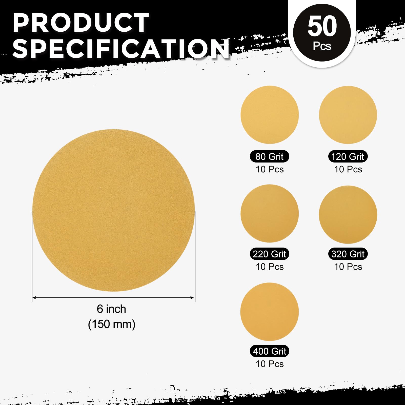 Kozelo 50 Pack Sanding Disc Kit 150mm 6 Inch 80/120/220/320/400 Grit Hook and Loop Random Orbital Sandpaper for Drywall Sander Wood Metal - Image 2